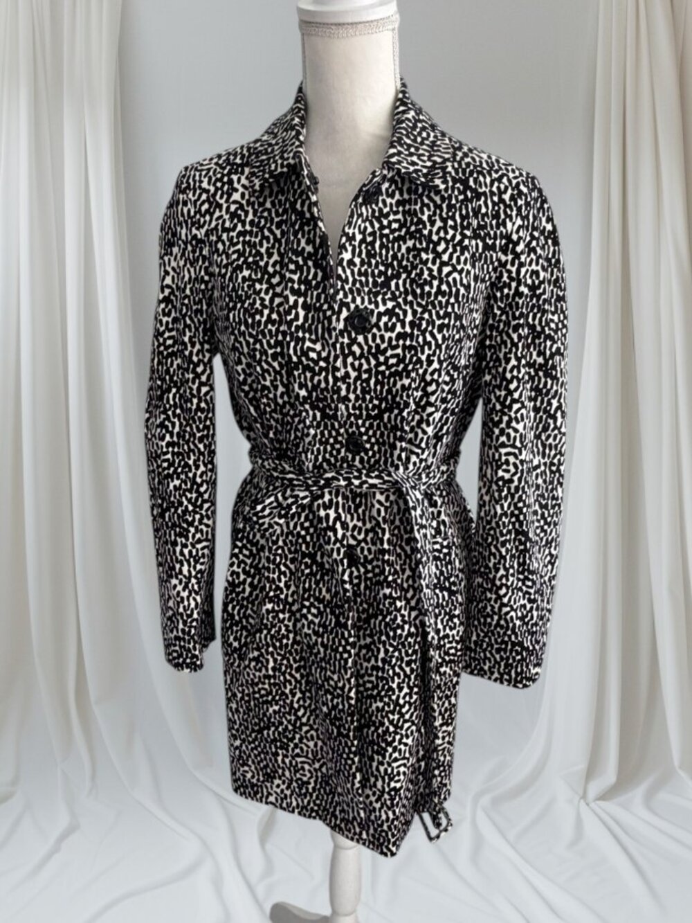 DIANE VON FURSTENBERG DVf Black White Spotted Belted Trench Jacket Coat Size 4